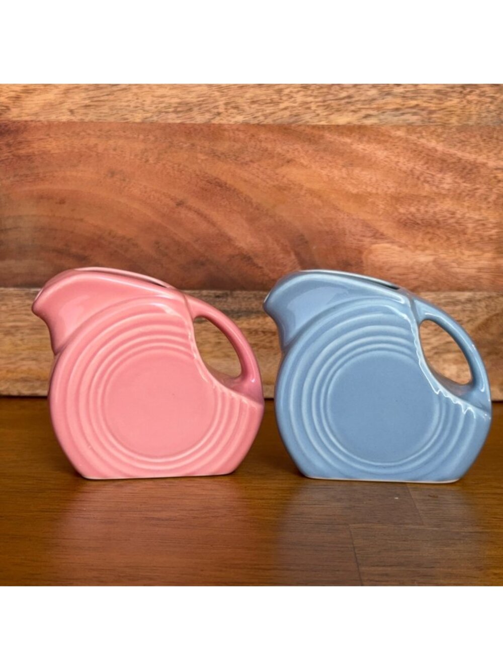 2 Fiesta Mini Disc Pitchers Rose Pink Periwinkle Blue Retired Vintage Pair